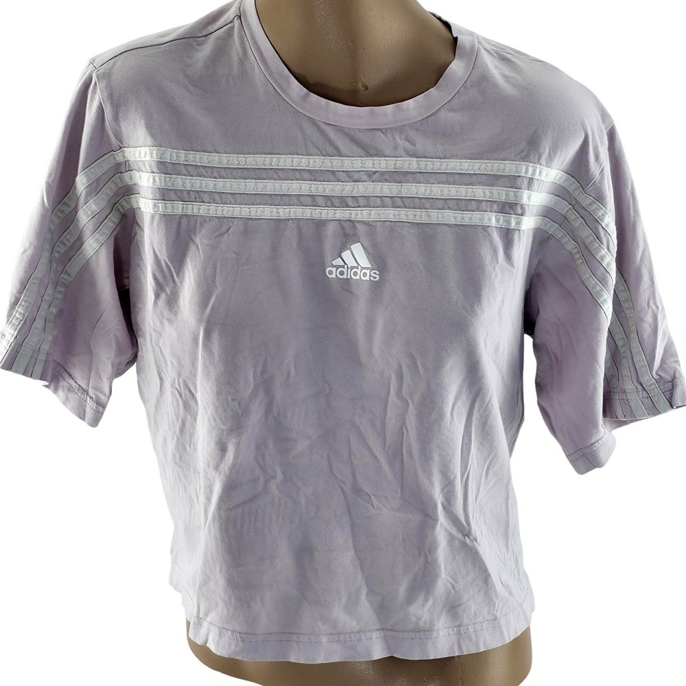 Adidas Shirt Womens Small Purple Striped Cropped Logo Tee Casual Sports 3 Stripe